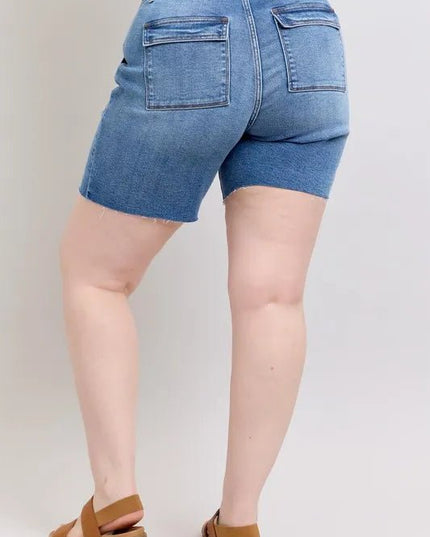 Judy Blue Full Size Mid Rise Bermudas Denim Shorts W/ Back Flap Pockets Plus Size - THE AMERICAN BLUE