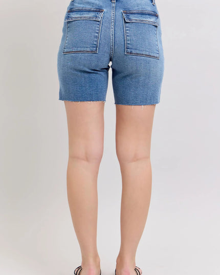 Judy Blue Full Size Mid Rise Bermudas Denim Shorts W/ Back Flap Pockets Plus Size - THE AMERICAN BLUE