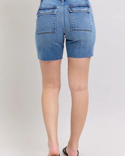 Judy Blue Full Size Mid Rise Bermudas Denim Shorts W/ Back Flap Pockets Plus Size - THE AMERICAN BLUE