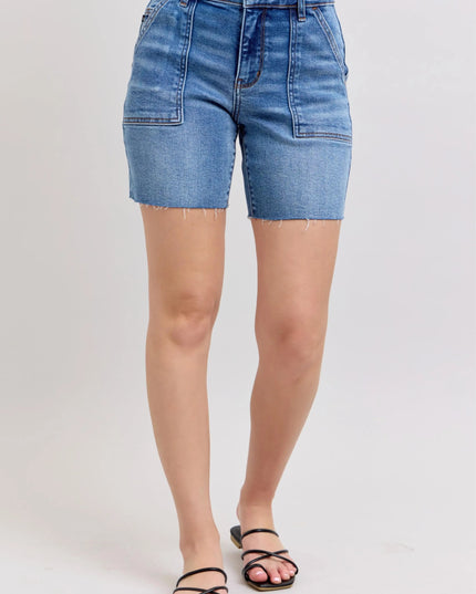Judy Blue Full Size Mid Rise Bermudas Denim Shorts W/ Back Flap Pockets Plus Size - THE AMERICAN BLUE