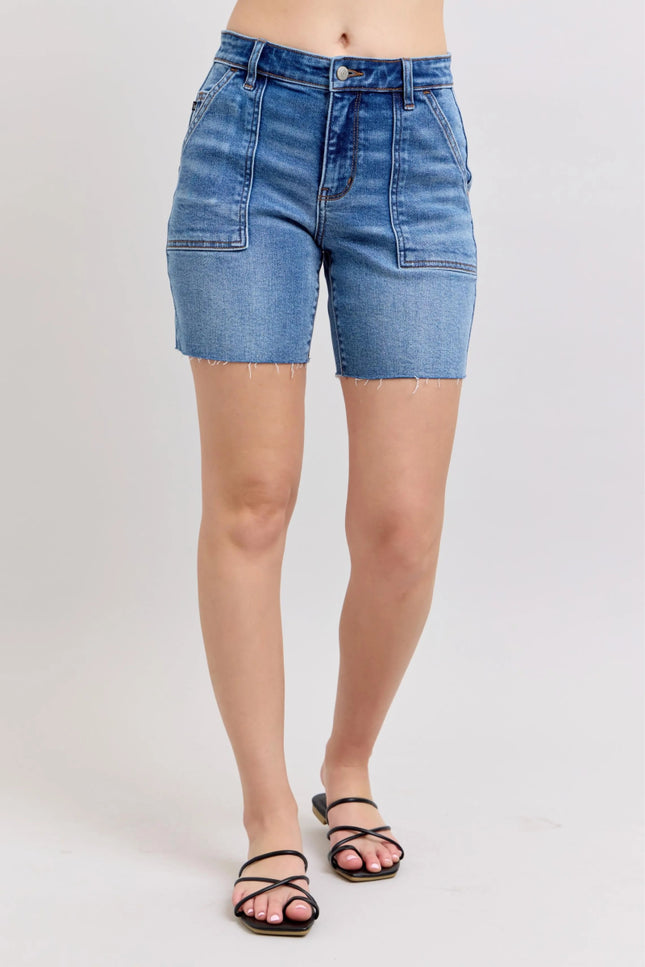 Judy Blue Full Size Mid Rise Bermudas Denim Shorts W/ Back Flap Pockets Plus Size - THE AMERICAN BLUE