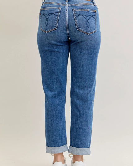 Judy Blue Full Size Mid Rise BF Classic Cuffed Jeans Plus Size - THE AMERICAN BLUE