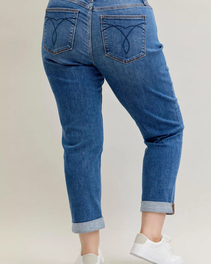 Judy Blue Full Size Mid Rise BF Classic Cuffed Jeans Plus Size - THE AMERICAN BLUE