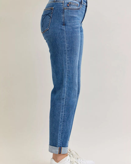 Judy Blue Full Size Mid Rise BF Classic Cuffed Jeans Plus Size - THE AMERICAN BLUE