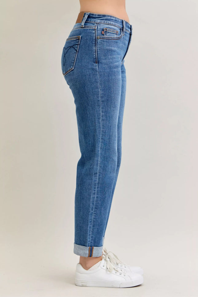 Judy Blue Full Size Mid Rise BF Classic Cuffed Jeans Plus Size - THE AMERICAN BLUE
