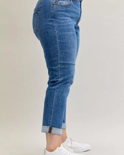 Judy Blue Full Size Mid Rise BF Classic Cuffed Jeans Plus Size - THE AMERICAN BLUE