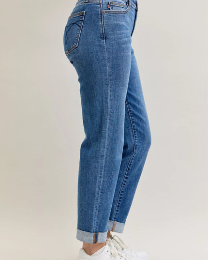 Judy Blue Full Size Mid Rise BF Classic Cuffed Jeans Plus Size - THE AMERICAN BLUE