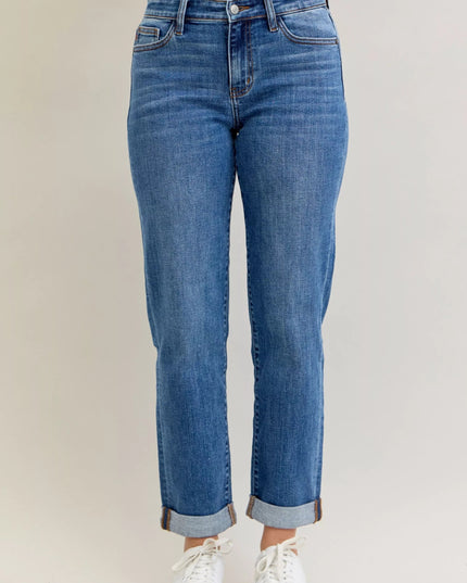 Judy Blue Full Size Mid Rise BF Classic Cuffed Jeans Plus Size - THE AMERICAN BLUE