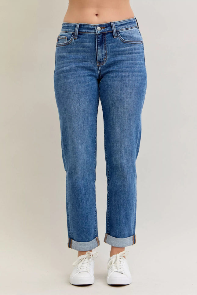 Judy Blue Full Size Mid Rise BF Classic Cuffed Jeans Plus Size - THE AMERICAN BLUE
