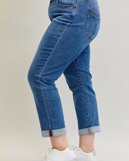 Judy Blue Full Size Mid Rise BF Classic Cuffed Jeans Plus Size - THE AMERICAN BLUE