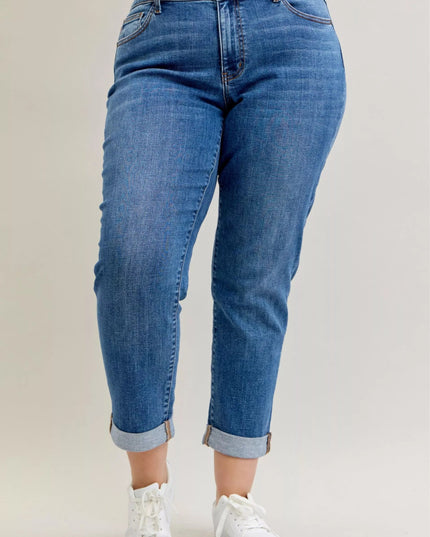 Judy Blue Full Size Mid Rise BF Classic Cuffed Jeans Plus Size - THE AMERICAN BLUE