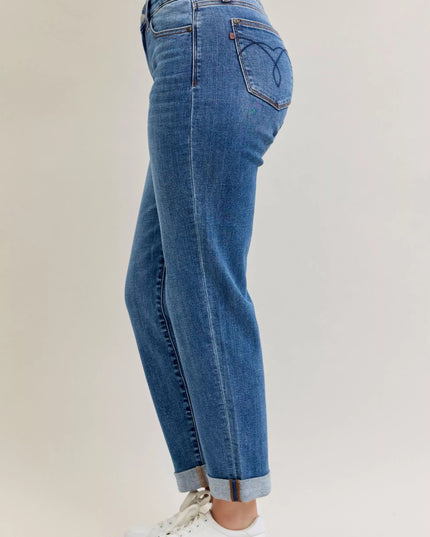 Judy Blue Full Size Mid Rise BF Classic Cuffed Jeans Plus Size - THE AMERICAN BLUE