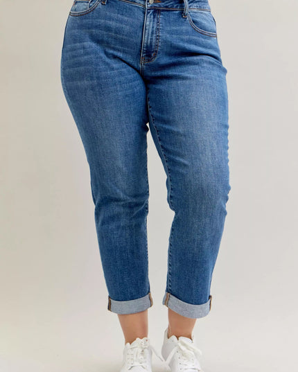 Judy Blue Full Size Mid Rise BF Classic Cuffed Jeans Plus Size - THE AMERICAN BLUE
