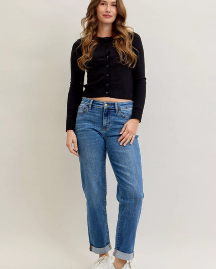 Judy Blue Full Size Mid Rise BF Classic Cuffed Jeans Plus Size - THE AMERICAN BLUE