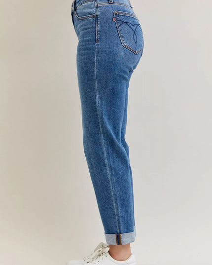 Judy Blue Full Size Mid Rise BF Classic Cuffed Jeans Plus Size - THE AMERICAN BLUE