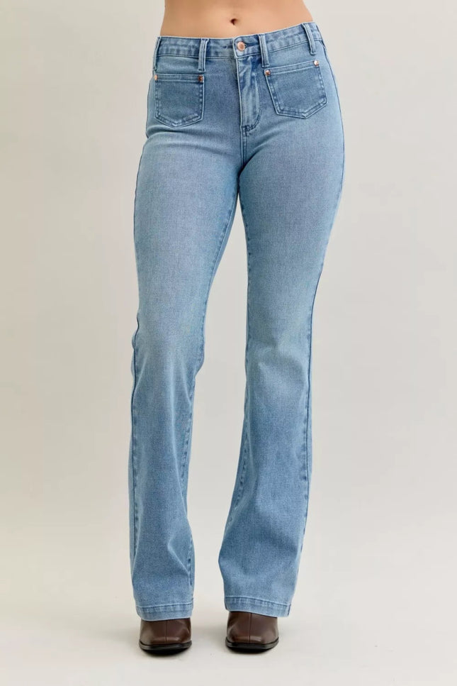 Judy Blue Full Size Mid Rise Bootcut Jeans with Contrast Wash & Front Patch Pockets Plus Size - THE AMERICAN BLUE