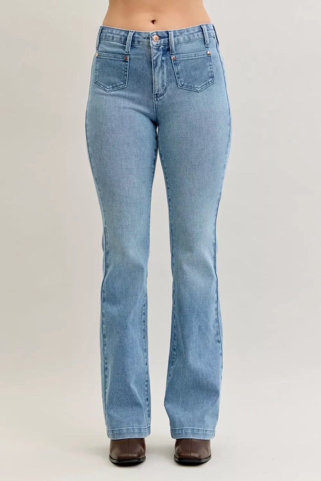 Judy Blue Full Size Mid Rise Bootcut Jeans with Contrast Wash & Front Patch Pockets Plus Size - THE AMERICAN BLUE