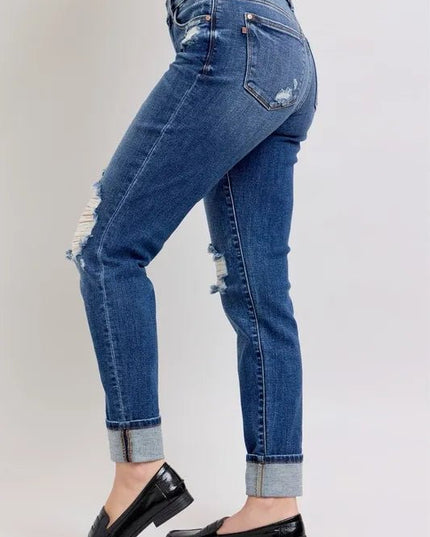 Judy Blue Full Size Mid Rise Boyfriend destroy Jeans with Yoke Pockets and Faux Selvedge Cuff Plus Size - THE AMERICAN BLUE