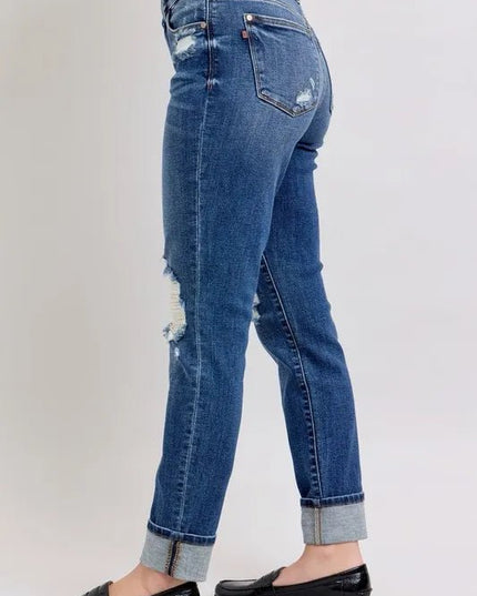 Judy Blue Full Size Mid Rise Boyfriend destroy Jeans with Yoke Pockets and Faux Selvedge Cuff Plus Size - THE AMERICAN BLUE