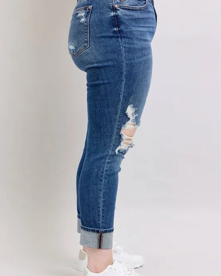 Judy Blue Full Size Mid Rise Boyfriend destroy Jeans with Yoke Pockets and Faux Selvedge Cuff Plus Size - THE AMERICAN BLUE