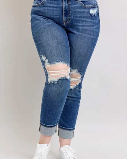 Judy Blue Full Size Mid Rise Boyfriend destroy Jeans with Yoke Pockets and Faux Selvedge Cuff Plus Size - THE AMERICAN BLUE