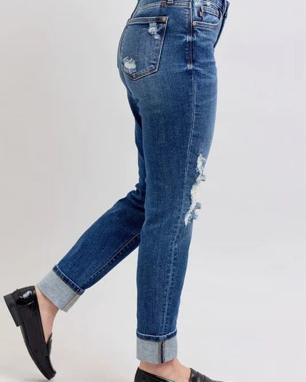 Judy Blue Full Size Mid Rise Boyfriend destroy Jeans with Yoke Pockets and Faux Selvedge Cuff Plus Size - THE AMERICAN BLUE