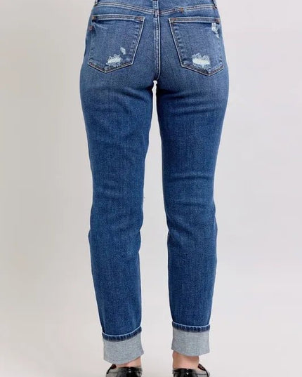 Judy Blue Full Size Mid Rise Boyfriend destroy Jeans with Yoke Pockets and Faux Selvedge Cuff Plus Size - THE AMERICAN BLUE