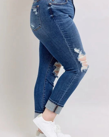 Judy Blue Full Size Mid Rise Boyfriend destroy Jeans with Yoke Pockets and Faux Selvedge Cuff Plus Size - THE AMERICAN BLUE