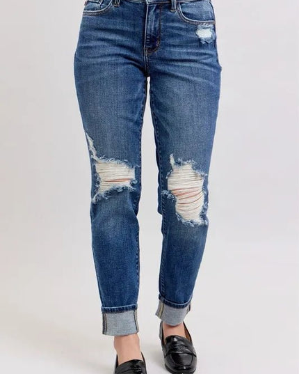 Judy Blue Full Size Mid Rise Boyfriend destroy Jeans with Yoke Pockets and Faux Selvedge Cuff Plus Size - THE AMERICAN BLUE