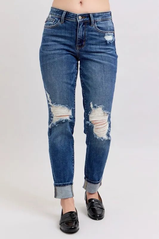 Judy Blue Full Size Mid Rise Boyfriend destroy Jeans with Yoke Pockets and Faux Selvedge Cuff Plus Size - THE AMERICAN BLUE