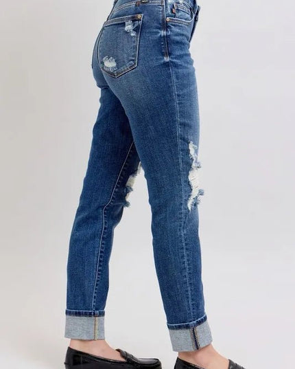 Judy Blue Full Size Mid Rise Boyfriend destroy Jeans with Yoke Pockets and Faux Selvedge Cuff Plus Size - THE AMERICAN BLUE