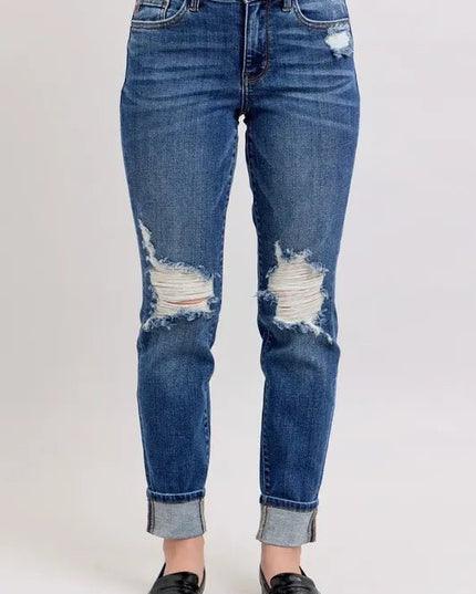 Judy Blue Full Size Mid Rise Boyfriend destroy Jeans with Yoke Pockets and Faux Selvedge Cuff Plus Size - THE AMERICAN BLUE