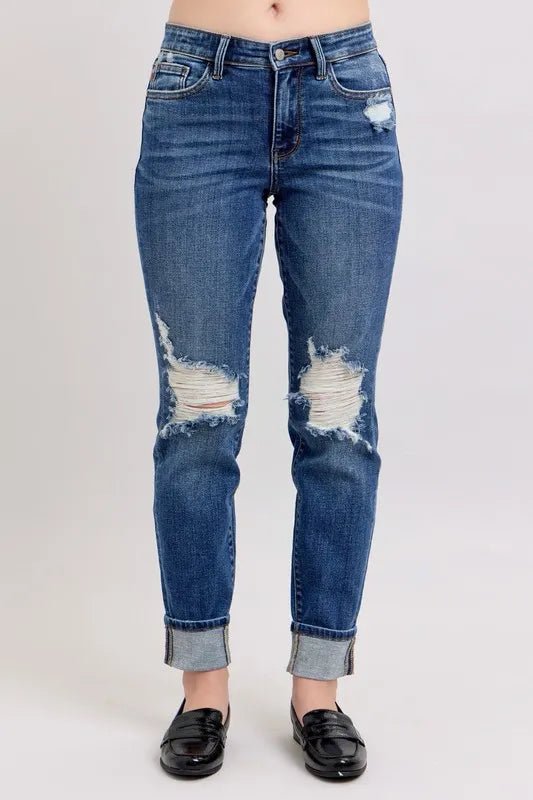 Judy Blue Full Size Mid Rise Boyfriend destroy Jeans with Yoke Pockets and Faux Selvedge Cuff Plus Size - THE AMERICAN BLUE