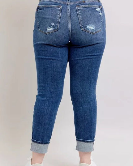 Judy Blue Full Size Mid Rise Boyfriend destroy Jeans with Yoke Pockets and Faux Selvedge Cuff Plus Size - THE AMERICAN BLUE