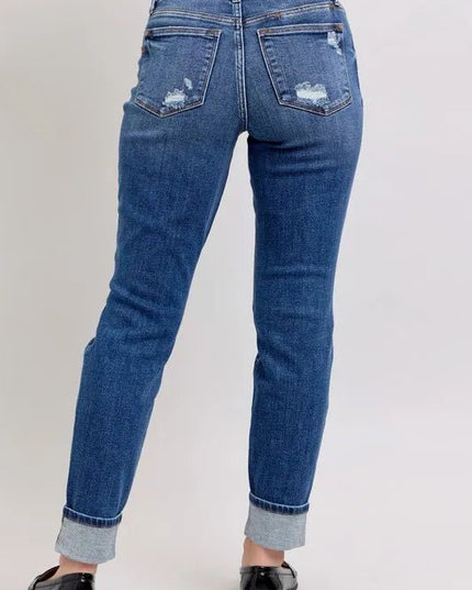 Judy Blue Full Size Mid Rise Boyfriend destroy Jeans with Yoke Pockets and Faux Selvedge Cuff Plus Size - THE AMERICAN BLUE