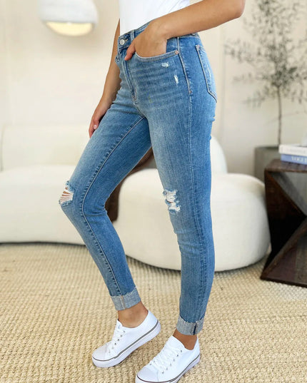 Judy Blue Full Size Mid Rise Destroy & Cuff Skinny Jeans - THE AMERICAN BLUE