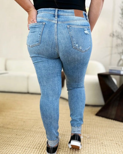Judy Blue Full Size Mid Rise Destroy & Cuff Skinny Jeans - THE AMERICAN BLUE