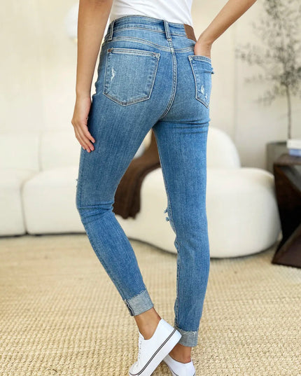 Judy Blue Full Size Mid Rise Destroy & Cuff Skinny Jeans - THE AMERICAN BLUE