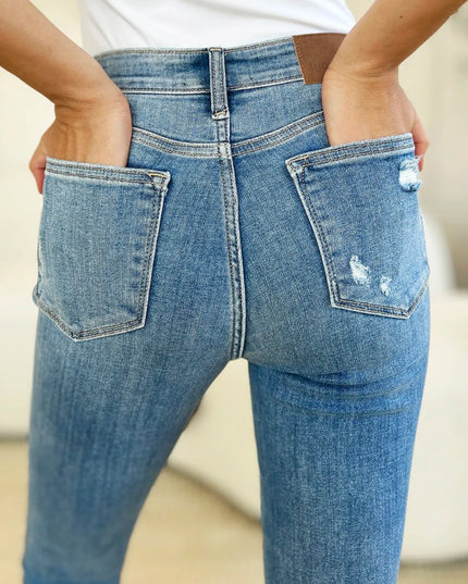 Judy Blue Full Size Mid Rise Destroy & Cuff Skinny Jeans - THE AMERICAN BLUE