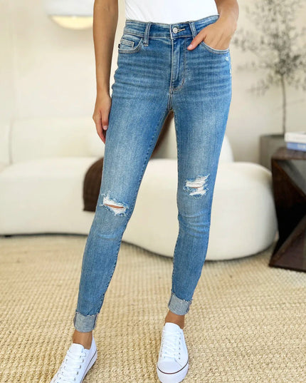 Judy Blue Full Size Mid Rise Destroy & Cuff Skinny Jeans - THE AMERICAN BLUE