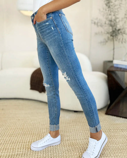Judy Blue Full Size Mid Rise Destroy & Cuff Skinny Jeans - THE AMERICAN BLUE