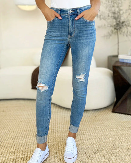 Judy Blue Full Size Mid Rise Destroy & Cuff Skinny Jeans - THE AMERICAN BLUE