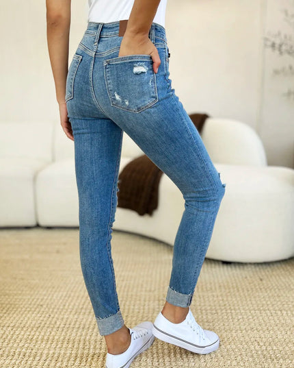 Judy Blue Full Size Mid Rise Destroy & Cuff Skinny Jeans - THE AMERICAN BLUE