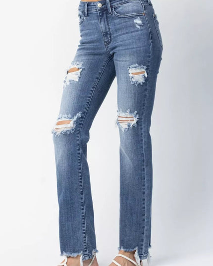 Judy Blue Full Size Mid Rise Destroy Straight Jeans Plus Size - THE AMERICAN BLUE