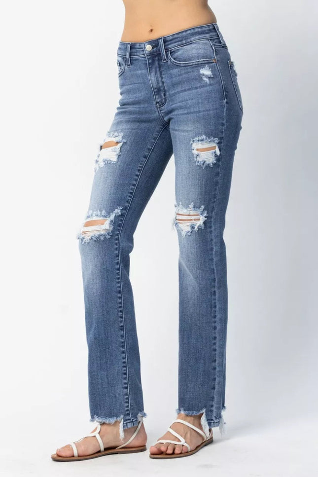 Judy Blue Full Size Mid Rise Destroy Straight Jeans Plus Size - THE AMERICAN BLUE