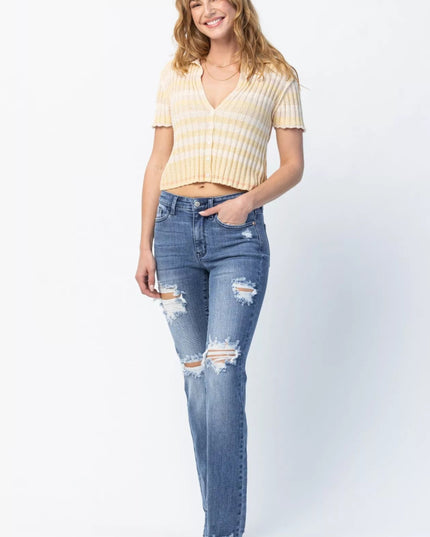 Judy Blue Full Size Mid Rise Destroy Straight Jeans Plus Size - THE AMERICAN BLUE