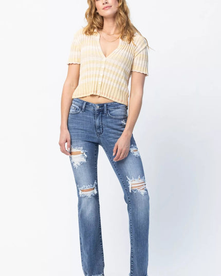 Judy Blue Full Size Mid Rise Destroy Straight Jeans Plus Size - THE AMERICAN BLUE
