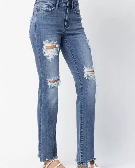 Judy Blue Full Size Mid Rise Destroy Straight Jeans Plus Size - THE AMERICAN BLUE