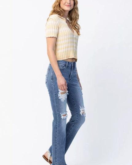 Judy Blue Full Size Mid Rise Destroy Straight Jeans Plus Size - THE AMERICAN BLUE