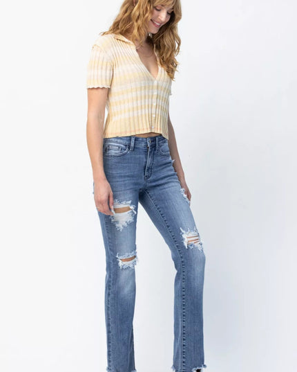 Judy Blue Full Size Mid Rise Destroy Straight Jeans Plus Size - THE AMERICAN BLUE